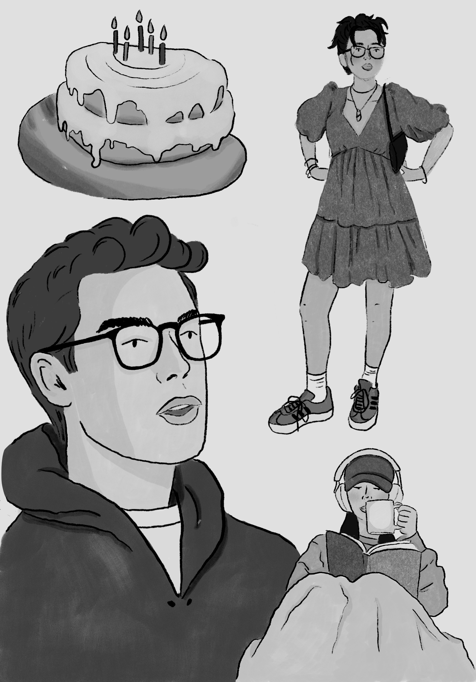 Character studies with birthday cake