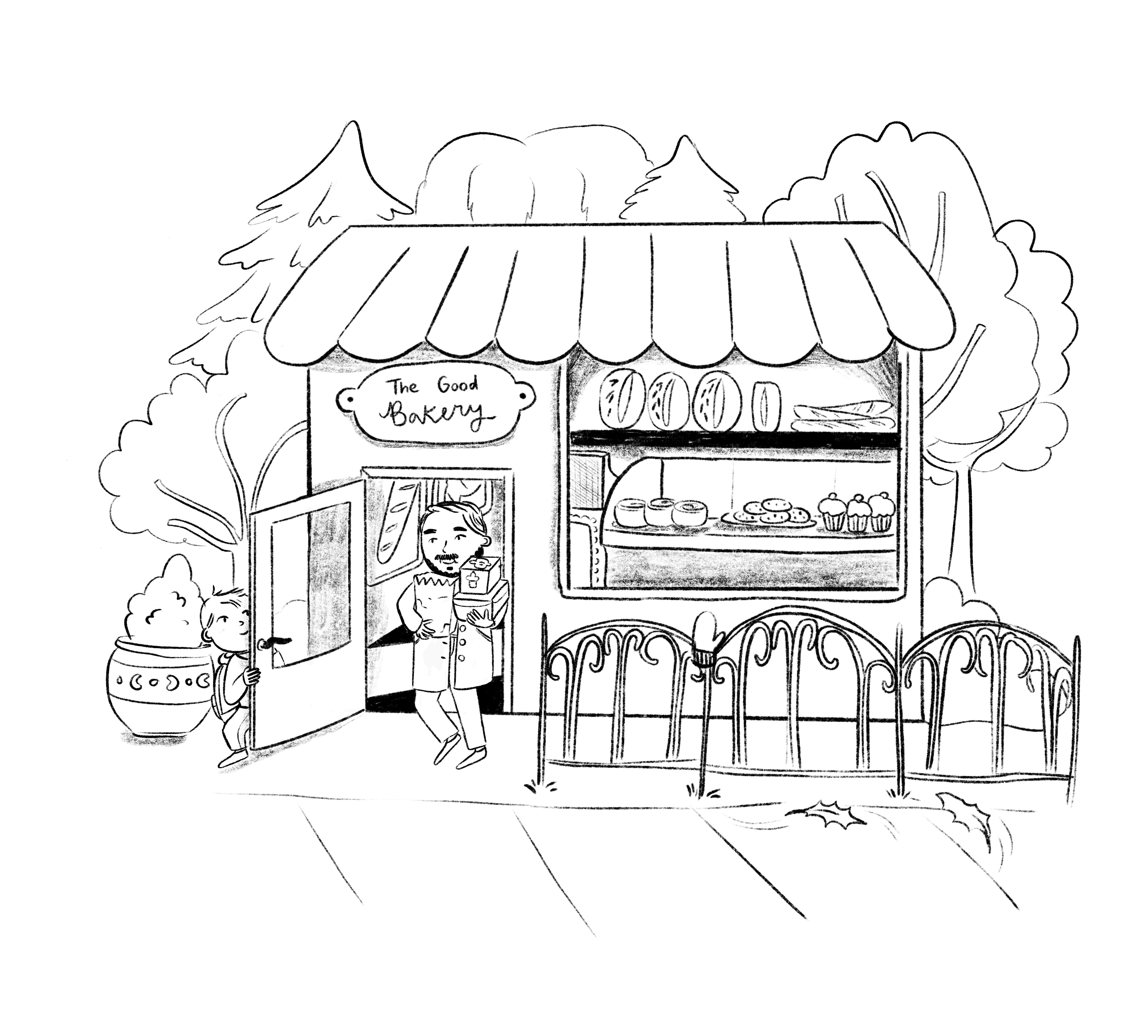 The Good Bakery storefront with baker and child