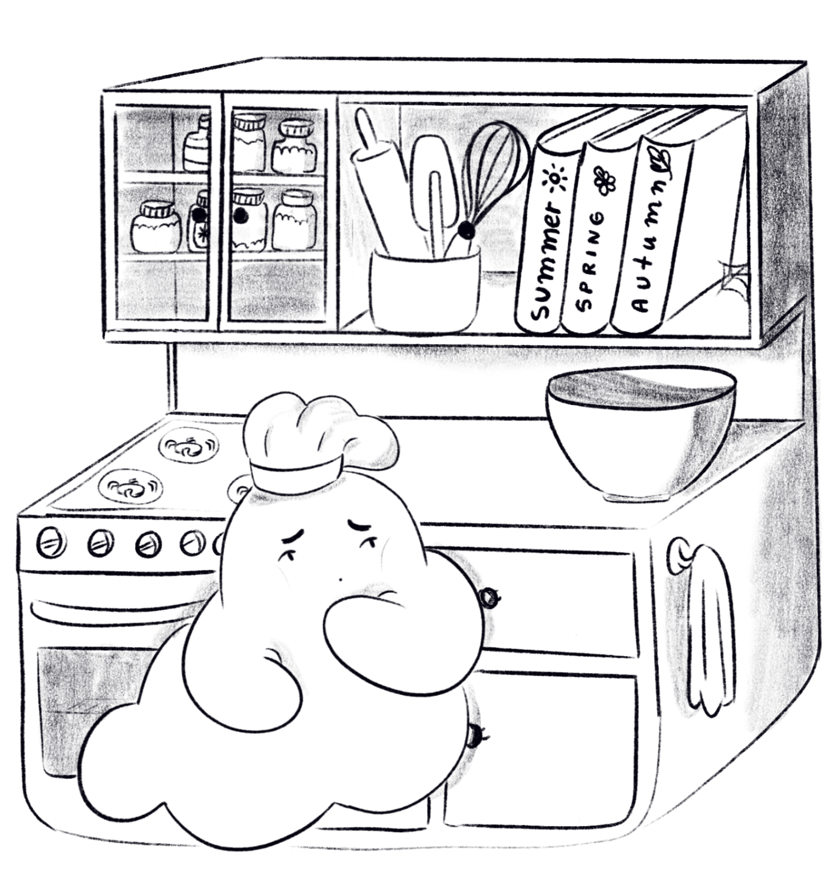 Round slug chef character in a cozy kitchen