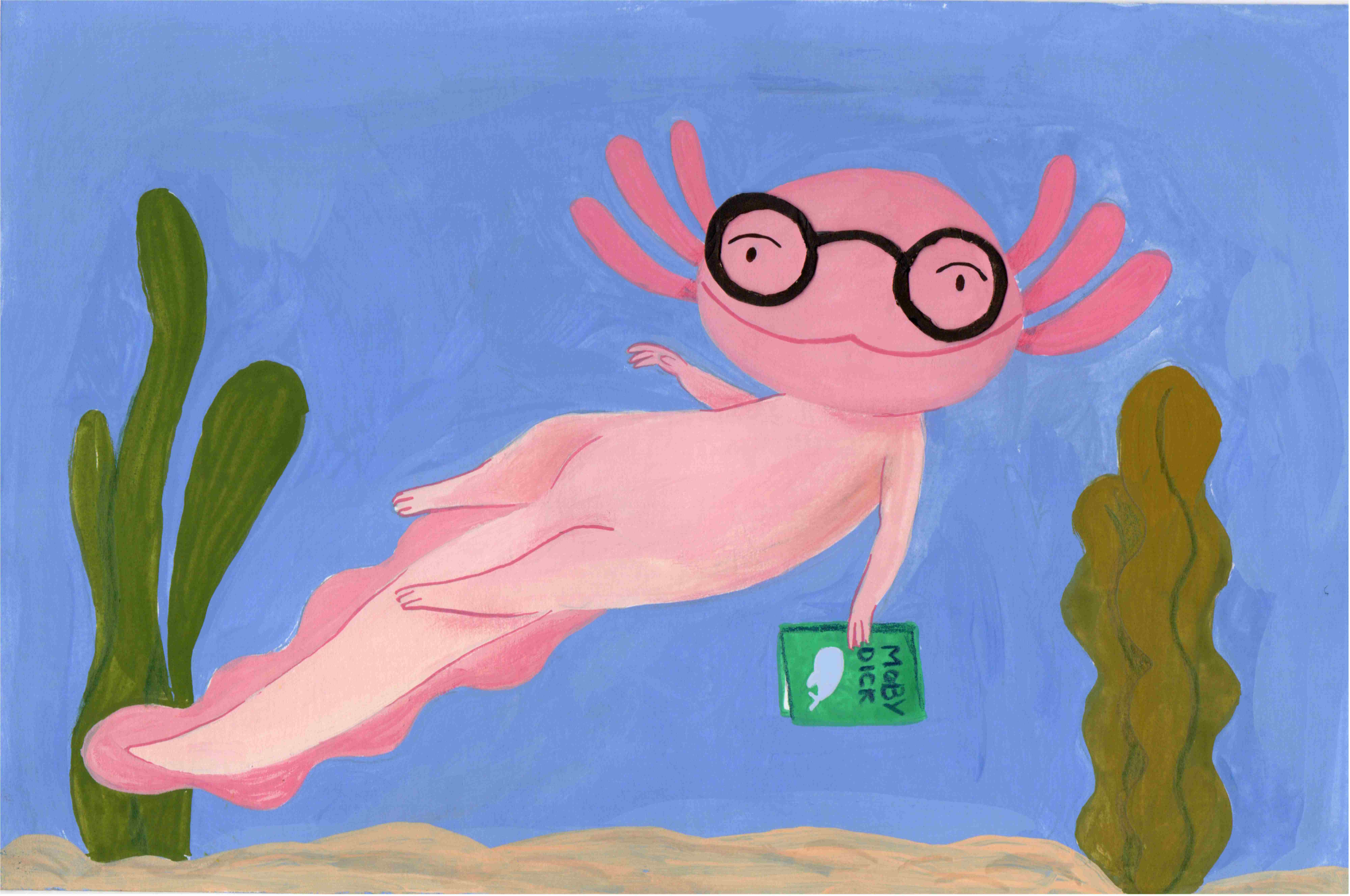 Axolotl reading Moby Dick underwater