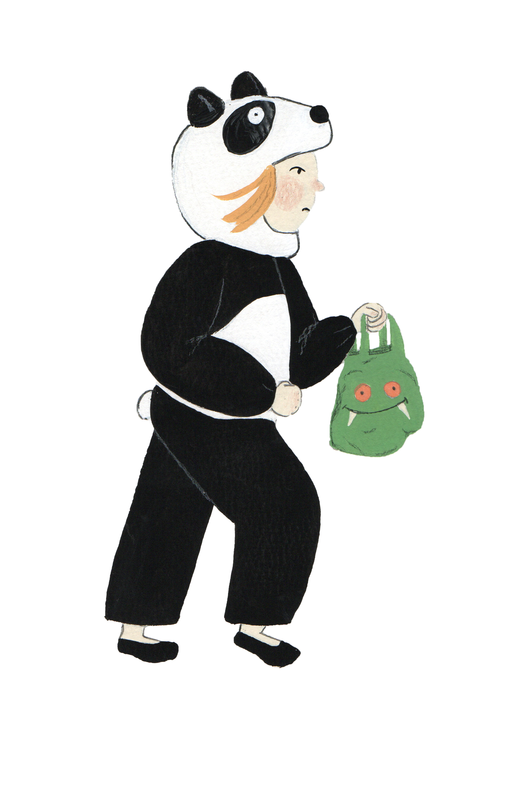 Child in panda costume with trick-or-treat bag