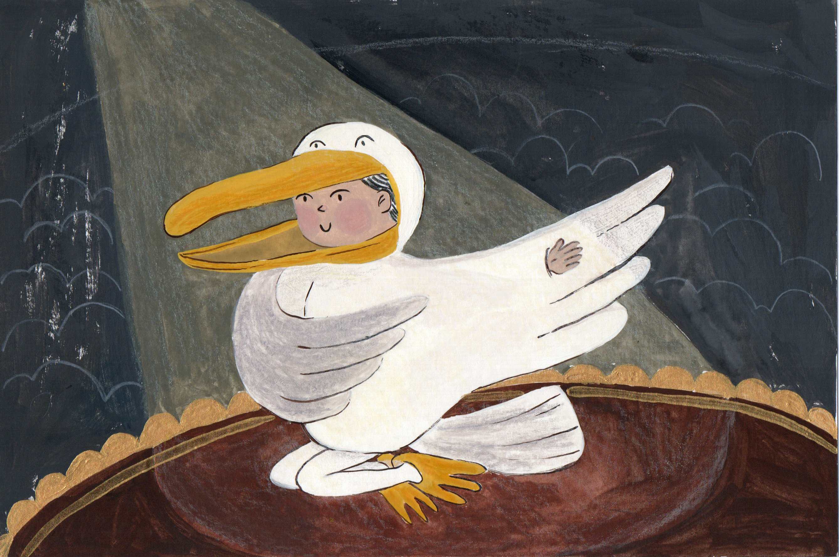 Child in pelican's beak on boat