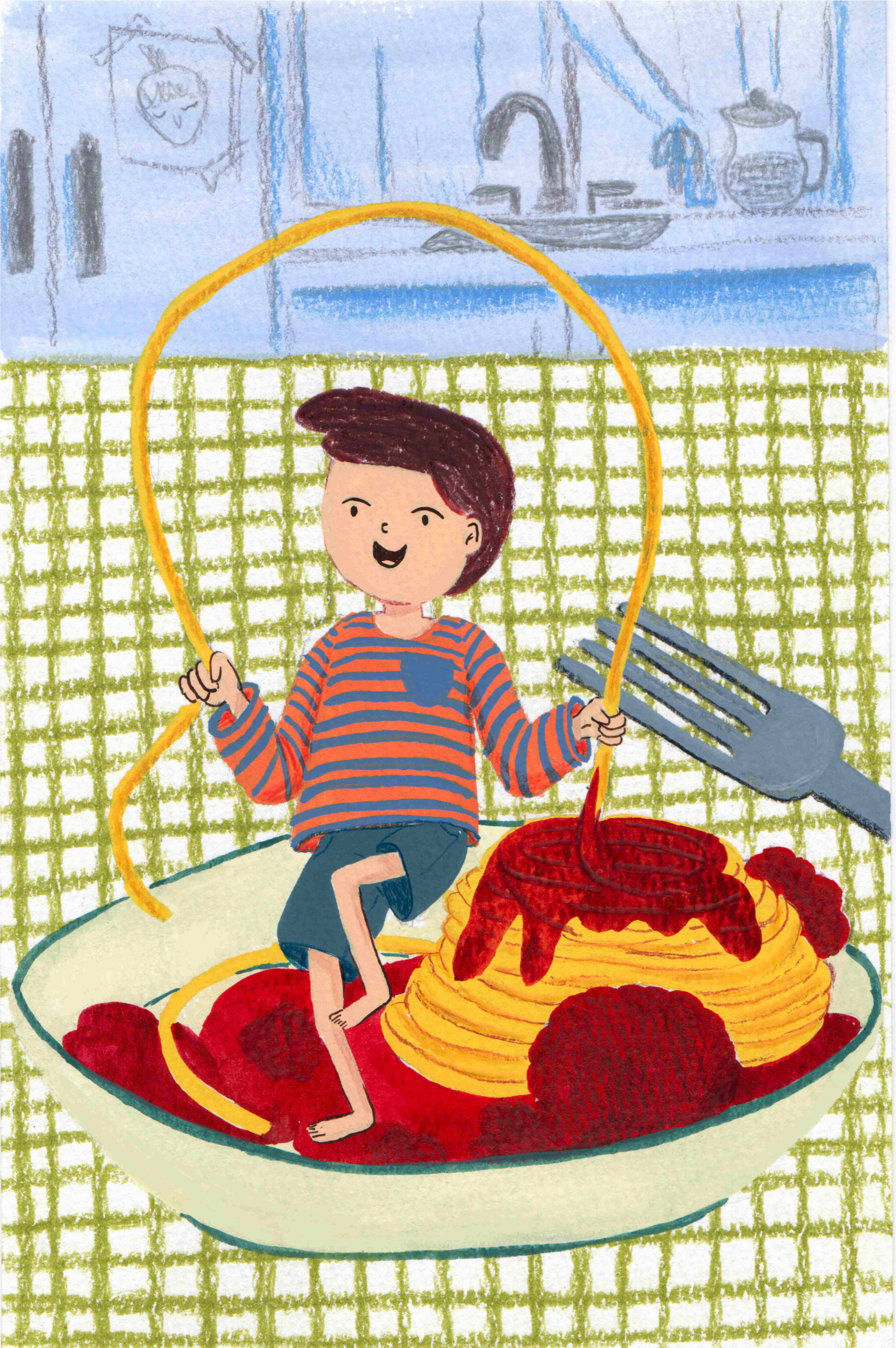 Child playing on spaghetti plate