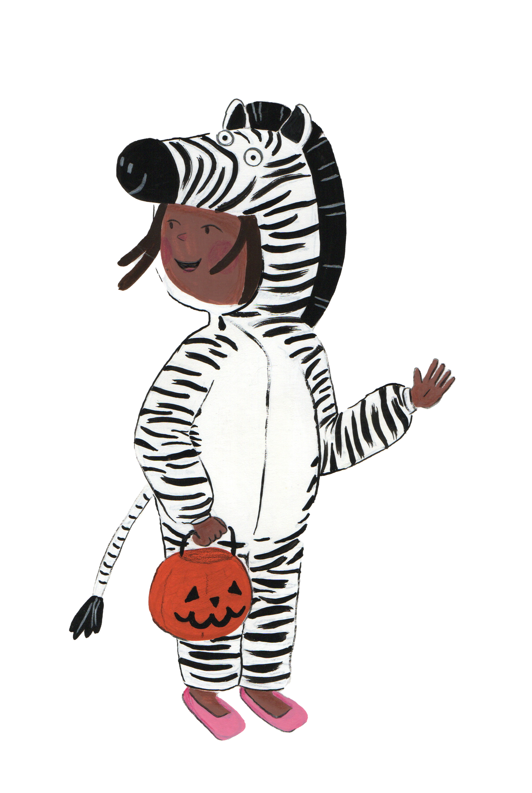 Child in zebra costume with Halloween pumpkin