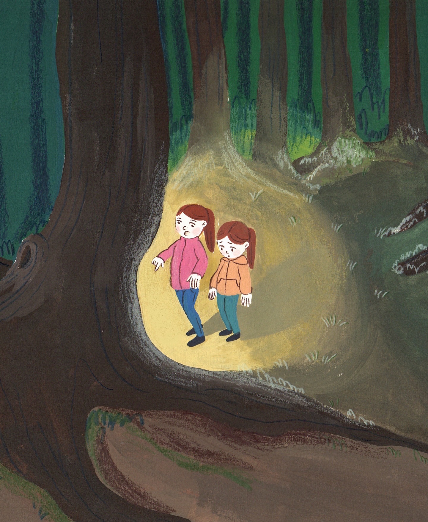 Two children walking through mystical forest