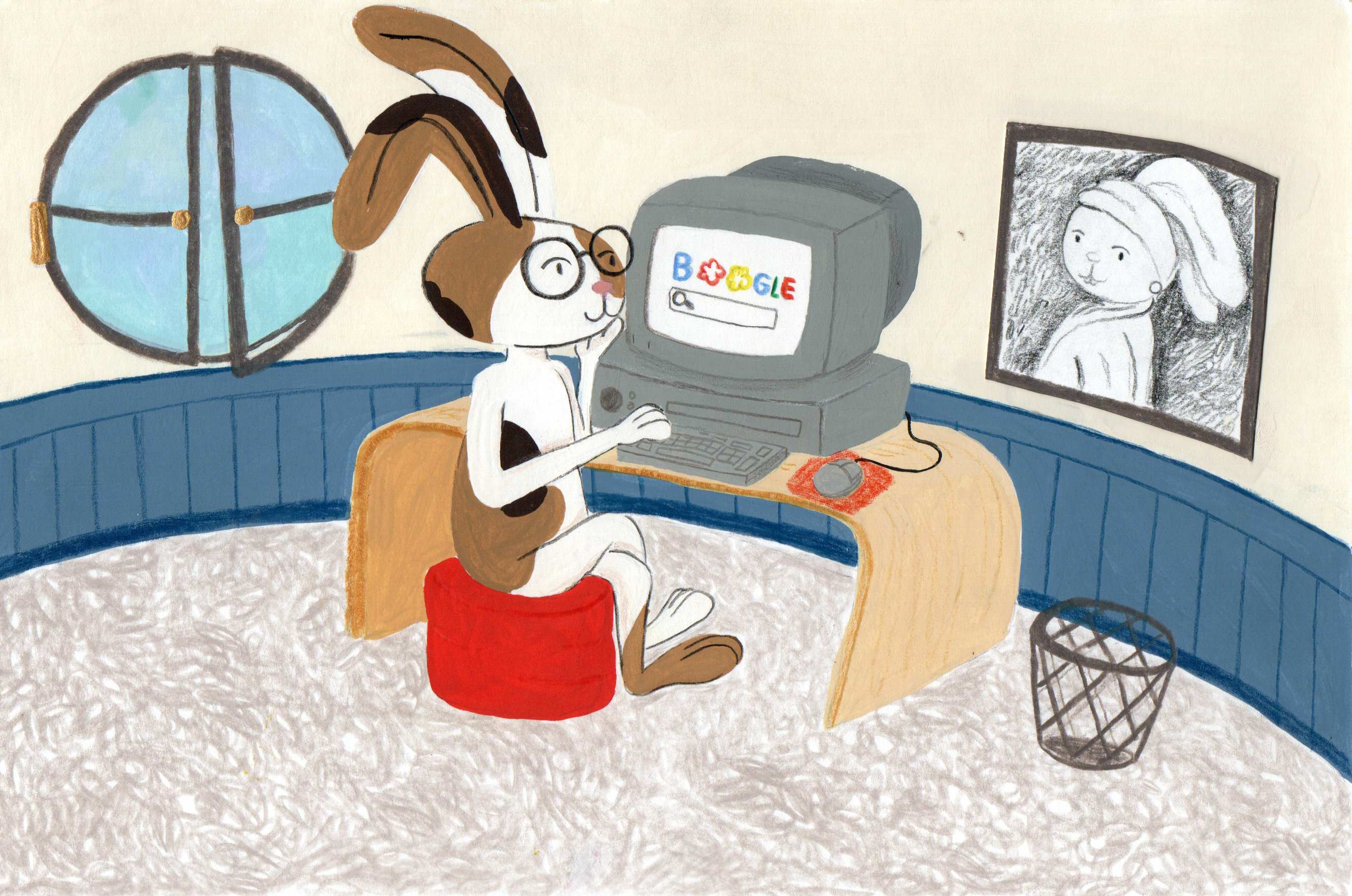 Dog with glasses using computer