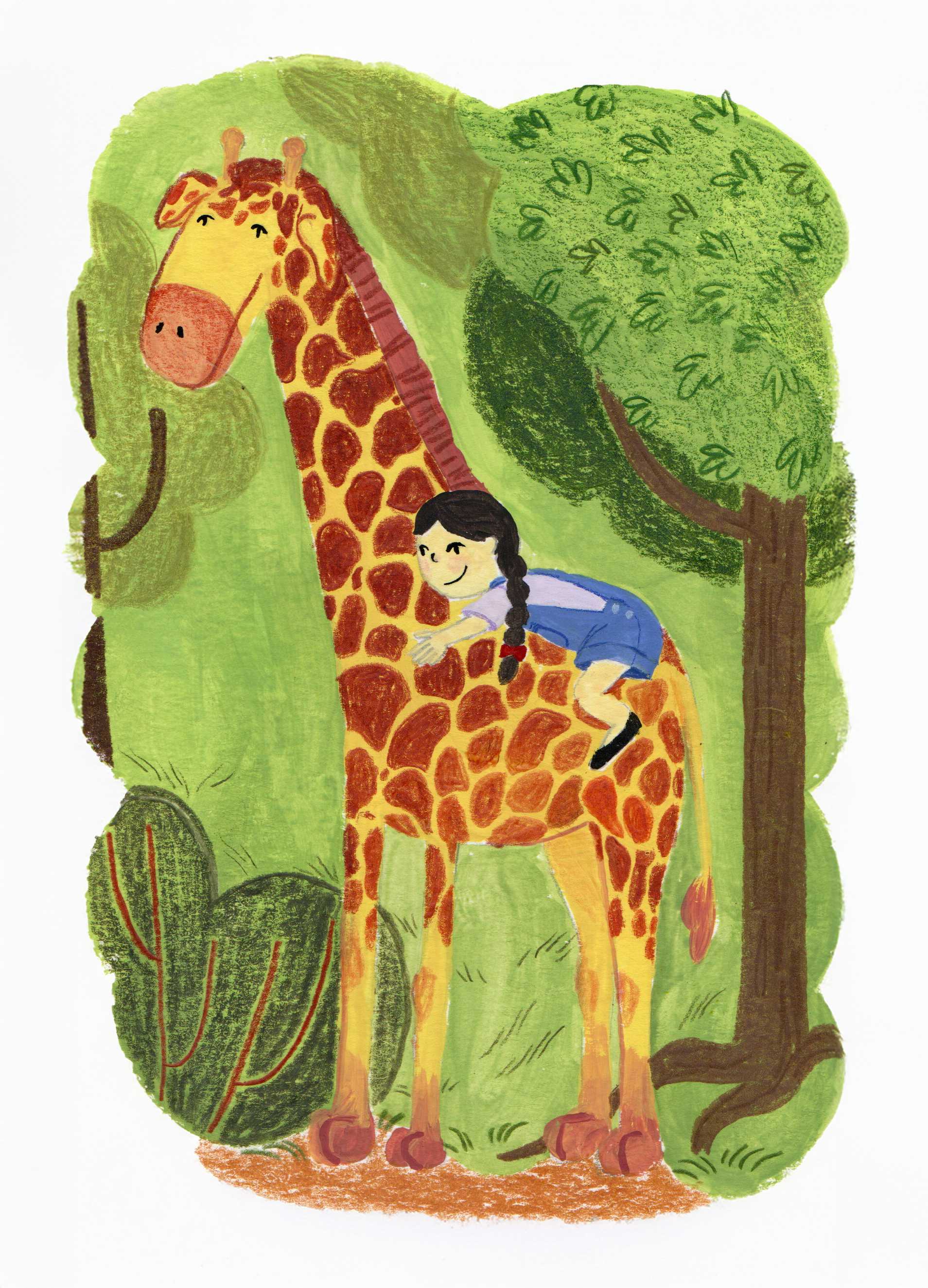 Girl with giraffe in nature