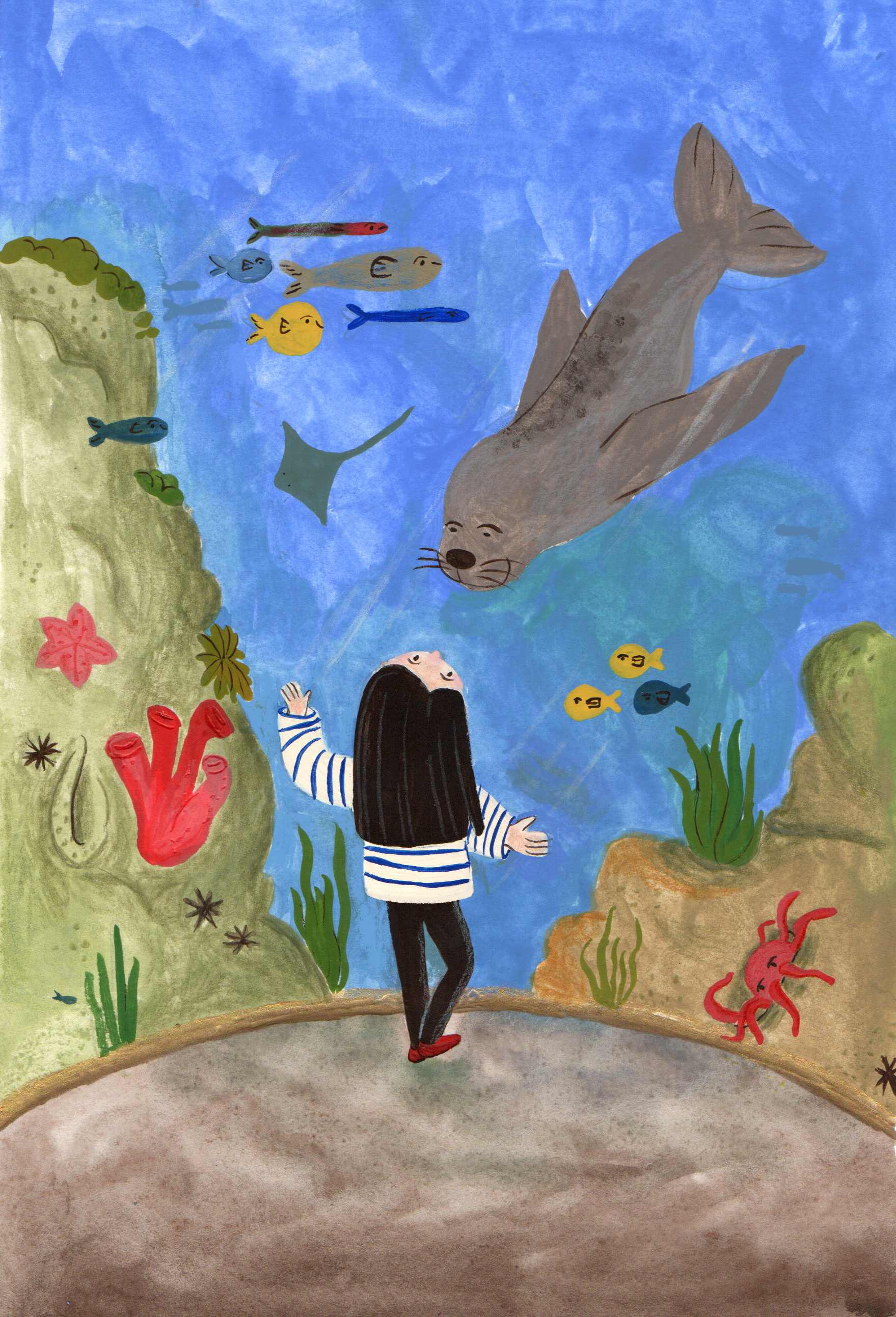 Girl in aquarium tunnel with seal