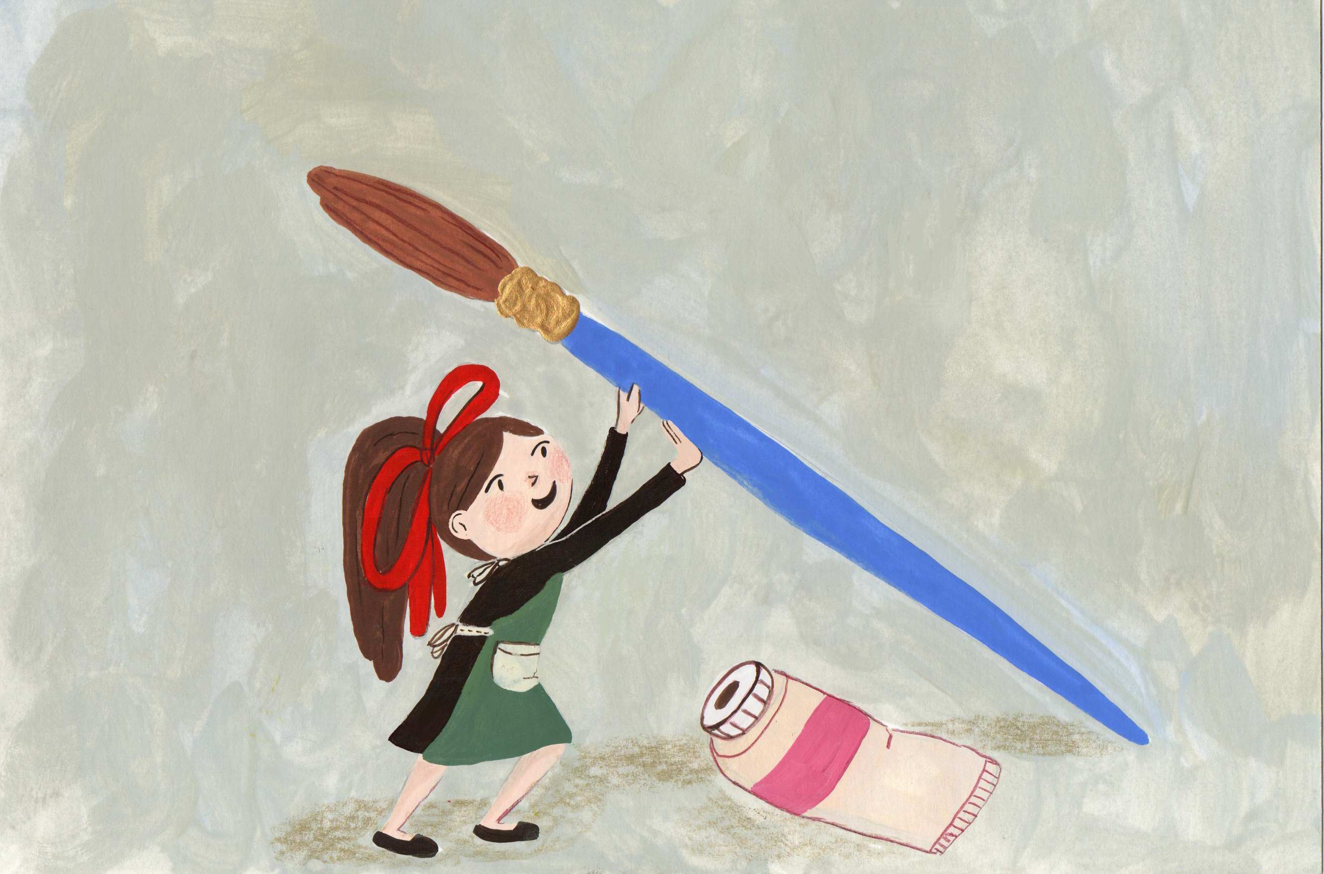 Girl with giant paintbrush and paint tube