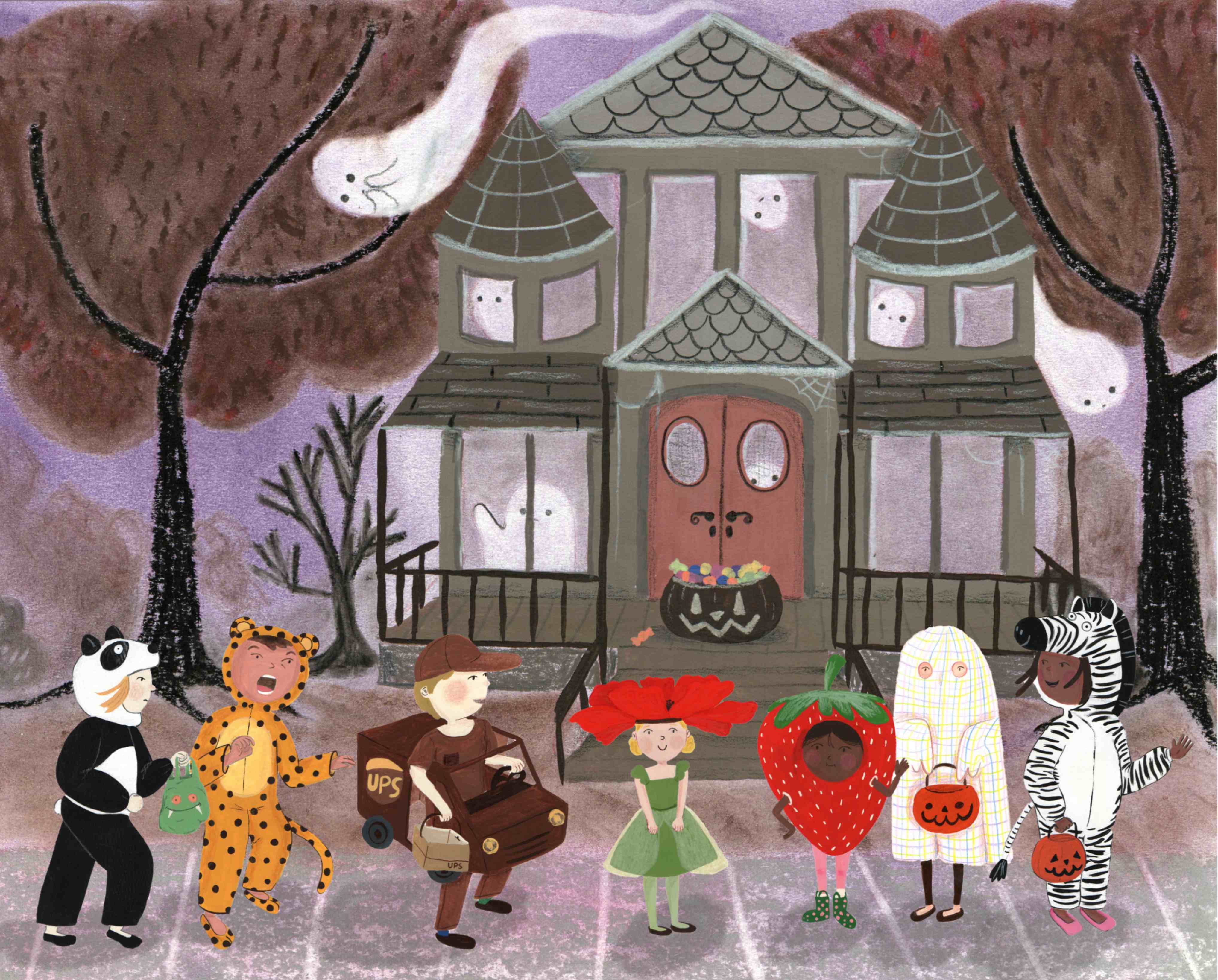 Halloween trick-or-treat scene with children in costumes at haunted house