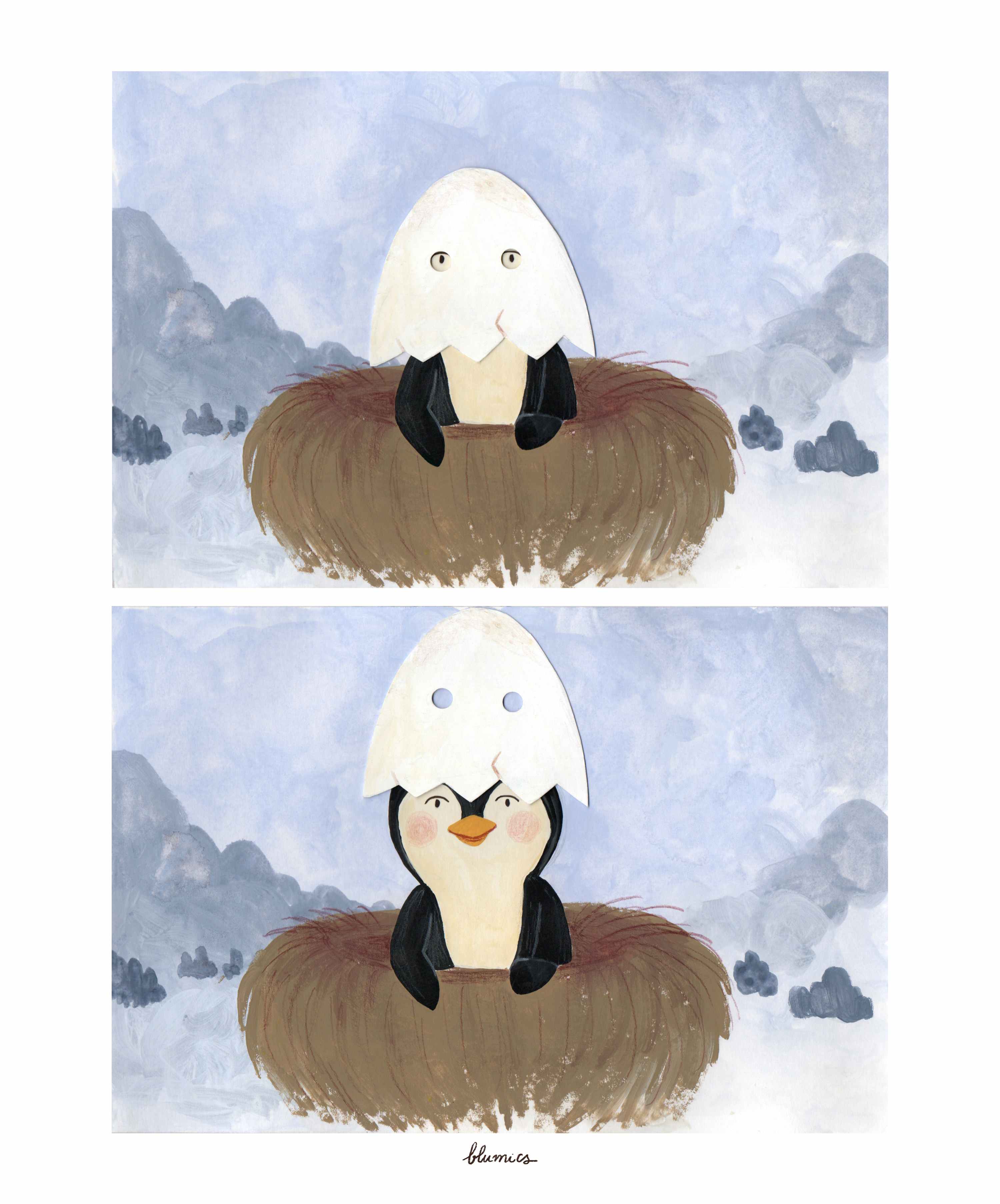 Penguin hatching from egg in nest