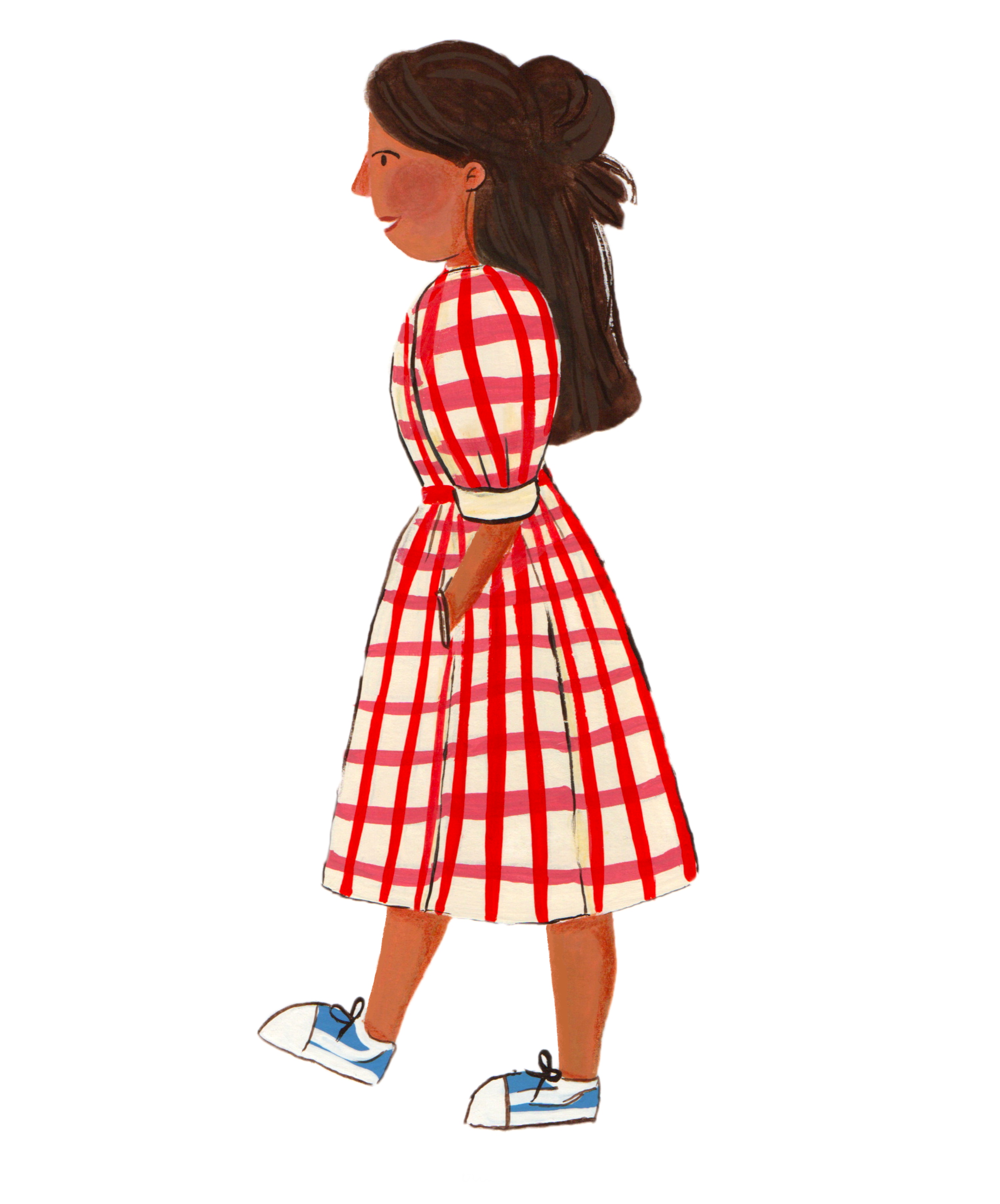 Woman in red gingham dress walking